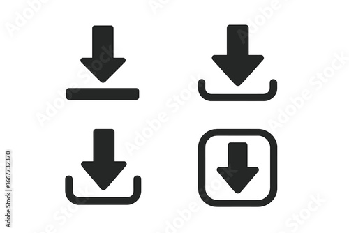 Download icon set. Black vector arrow symbols for web design and user interface. UI UX graphic elements for buttons. Data transfer, save, install or update signs collection.