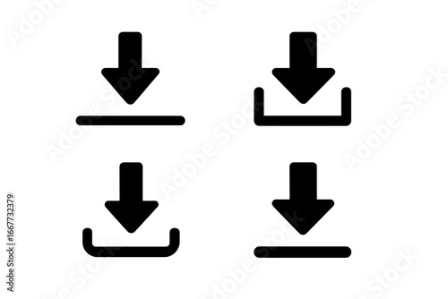 Download icon set. Simple flat vector graphic for web and app interface. Arrow down symbol for saving data, file transfer, or archiving. UI UX element sign collection.