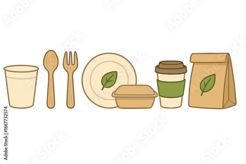 Sustainable takeaway food packaging. Eco friendly disposable dinnerware set with wooden cutlery, paper plate, cup, bag, and container. Biodegradable zero waste vector.