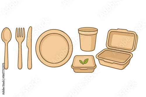 Eco-friendly disposable dinnerware collection with paper utensils, plate, cup and food containers. Sustainable, biodegradable and compostable tableware set for takeaway.