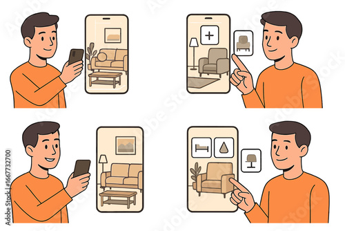 Augmented reality interior design app. Man using smartphone for home decoration, choosing furniture. Virtual room planner tool. E-commerce home improvement technology concept.