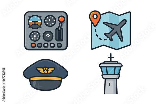 Aviation icon set collection. Cockpit control panel, flight route map, pilot hat, and air traffic control tower. Vector illustration for travel, airline, and transport design.