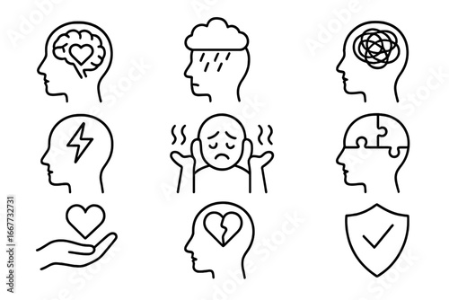 Mental health line icons set. Psychology concept. Symbols of depression, anxiety, stress, confusion, love, support. Head with puzzle, brain, tangled thoughts, broken heart.