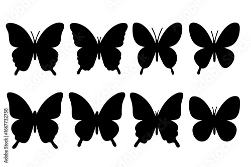 Butterfly silhouette icon set. Collection of black isolated butterflies. Nature fauna insect symbol. Vector graphic for logo, tattoo or decoration. Summer spring freedom beauty.