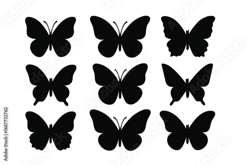 Set of black butterfly silhouettes. Various isolated vector icons and shapes. Nature, fauna, insect and animal symbols for graphic design. Flat simple cartoon illustration.