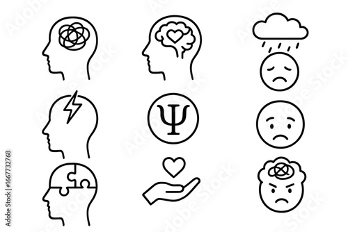 Mental health line icon set. Psychology symbols for depression, anxiety, stress, bipolar disorder. Brain chaos, puzzle, storm in head. Therapy and self care concept vector.