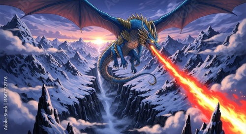 A Mighty Dragon Breathes Fire Across a Frozen Mountain Kingdom.