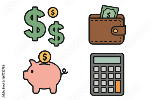 Financial icons for money management. Vector illustration of piggy bank, wallet, calculator, and dollar signs. Concept for saving, economy, business, finance, and budgeting.