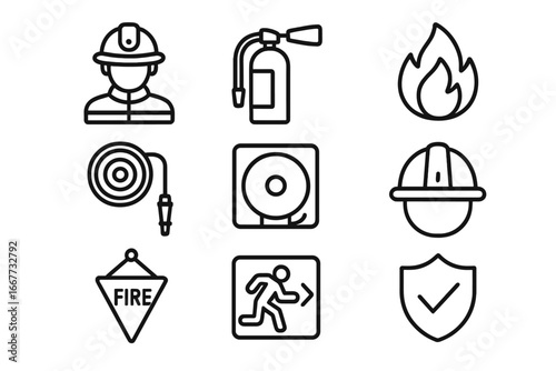 Fire safety line icon set. Firefighter, safety equipment, emergency, and protection icons. Vector collection of fire extinguisher, hose, alarm, helmet, and exit signs.