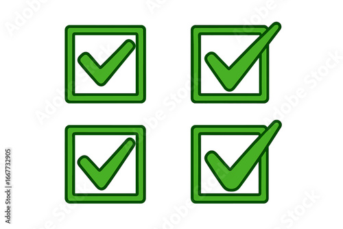 Green check mark vector icon set. Tick in box signs isolated. Approved, success, correct & yes symbol. Choice button for checklist, poll or survey user interface.