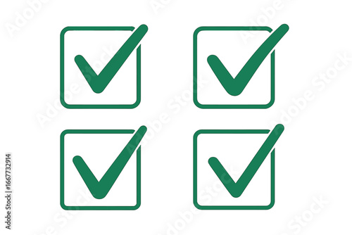 Green check mark vector icon set. Tick symbol in a square box. Approved, correct, and accepted sign. Yes button for vote, choice, success, or checklist. Isolated web element.