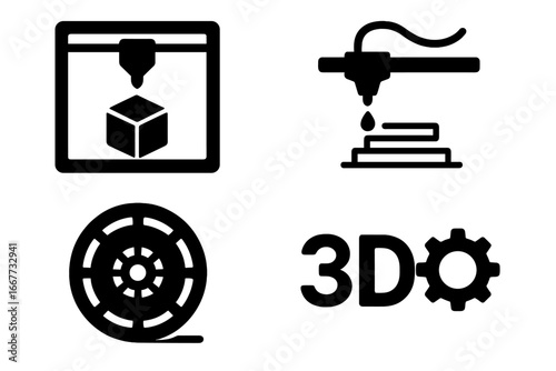 3D printing silhouette icon set. Additive manufacturing technology symbols. Industrial 3d printer, filament spool, and prototype object. Engineering vector elements.