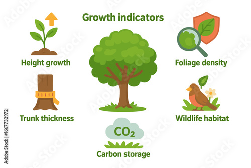 Tree growth indicators vector infographic. Ecosystem benefits concept with icons for carbon storage, wildlife habitat, foliage density, and trunk thickness. Ecology illustration.