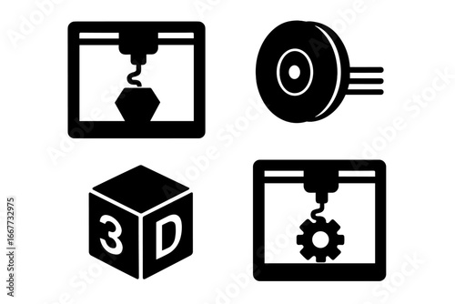 3D printing technology silhouette icon set. Industrial additive manufacturing process. Vector symbols for prototyping, filament, 3d printer machine, and engineering concepts.