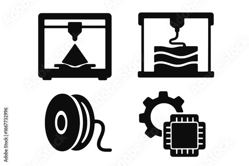 3D printing silhouette icon set. Vector symbols of additive manufacturing technology. Industrial prototyping, engineering, and innovation concepts. Printer, filament, gear, chip.
