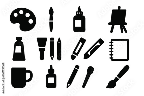 Art and design silhouette icon set. Creative tools and supplies collection with painter palette, paintbrush, easel, sketchbook, and pencil. Vector graphic elements for artists.