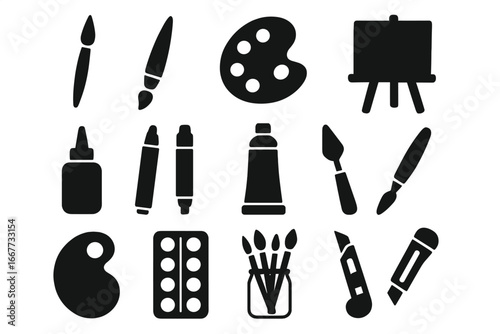 Art and craft supplies silhouette icon set. Creative tools for painting, drawing, and design. Vector collection with paintbrush, palette, easel, paint tube, and knife icons.