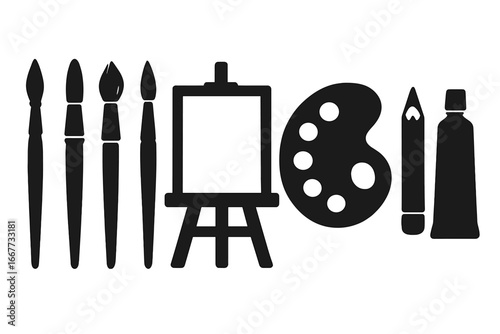 Art tools silhouette icon set for painting and drawing. Artist equipment collection with paint brush, easel, canvas, palette, pencil, paint tube. Creative hobby and craft.