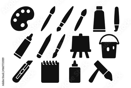 Art and design silhouette icon set. Creative tools and supplies for artist. Vector collection of painter equipment like brush, easel, palette, paint tube, glue, pencil.