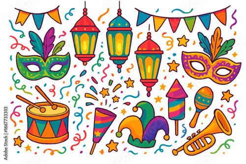 Colorful carnival festival elements set. Vector cartoon illustration of party decorations with mask, lantern, drum, confetti for a joyful celebration or parade concept.
