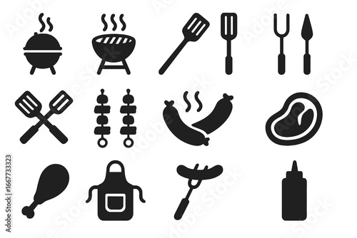 Barbecue grill solid icon set. Outdoor cooking and picnic tools silhouette style vector icons. Includes steak, sausage, kebab, chicken, apron, and grilling utensils.