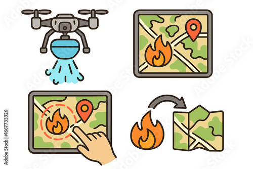 Firefighting drone technology icon set. Vector for fire control, quadcopter with water, interactive map, GPS navigation for emergency response, wildfire management system.