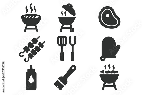 Barbecue grill solid icon set. Outdoor cooking and summer picnic concept. Vector icons for bbq party, including steak, kebab, spatula, fork, mitt, and sauce bottle.
