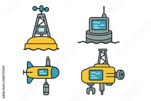 Set of marine research icons. Oceanography monitoring buoy, weather station, underwater drone and submarine for environmental data collection. Vector illustration technology concept.