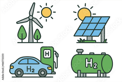 Renewable energy icon set with hydrogen car and H2 fuel station. Green power concept with wind turbine and solar panel. Sustainable transport and clean electricity vector.