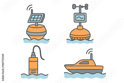 Marine monitoring devices icon set. Weather buoy, solar panel, sensor probe, robotic boat. Oceanography data collection. Environmental science, research technology vector pack.