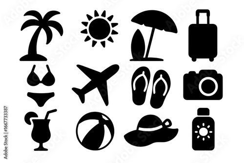 Beach vacation silhouette icon set. Summer holiday essentials for travel and tourism. Vector glyph collection with palm tree, sun, airplane, luggage, bikini, and surfboard.