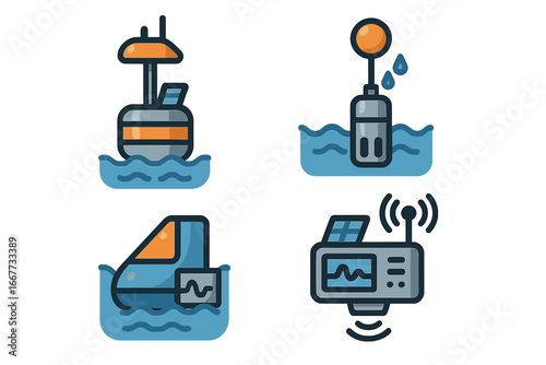Marine monitoring icon set. Oceanography research equipment for data collection. Environmental sensor, buoy, water probe vector illustration. Climate change study technology.
