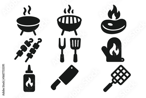 Barbecue grill solid icon set. Outdoor cooking and picnic tools glyph style icons. Vector cartoon illustration with steak, kebab, spatula, fork, mitt, and cleaver.