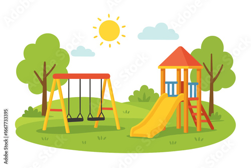 Colorful kids playground scene in a sunny summer park. Outdoor recreational area for children with fun activities like slides and swings. Vector cartoon landscape illustration.