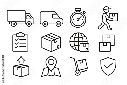 Logistics and delivery service line icon set. Transport, shipping, courier outline icons. Vector collection for e-commerce, package tracking, and supply chain management.