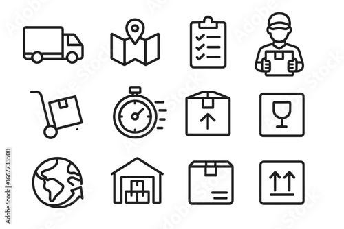 Logistics and delivery service line icon set. Shipping, transport and courier outline collection. Vector symbols for package tracking, cargo, warehouse, and fast freight.