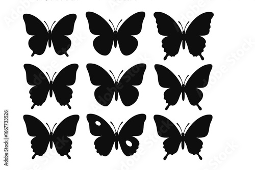 Butterfly silhouette vector icon set. Collection of elegant black flying insect shapes. Beautiful lepidoptera graphic design elements for logo, tattoo, or decoration.