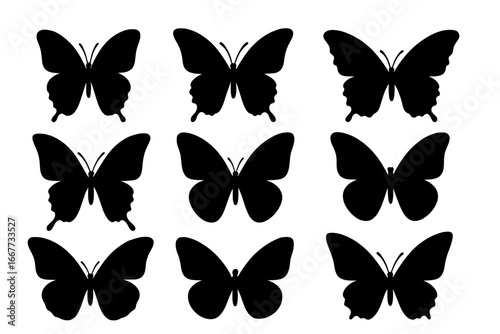 Butterfly silhouette icon set. Beautiful elegant insect shapes in various styles. Vector collection of black butterfly designs for nature, spring, beauty concepts or tattoo art.