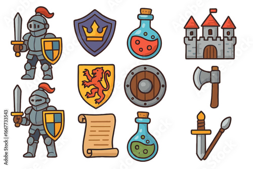 Vector set of medieval fantasy icons. Cartoon knight in armor, castle, shield, potion, sword, axe, scroll. Middle Ages RPG game assets. Colorful flat design elements.