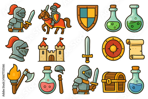 Medieval fantasy icon set. Cartoon vector knight, castle, sword, shield, magic potion. Game assets, armor, treasure chest, scroll, adventure elements for RPG or stickers.