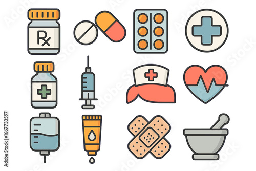 Medicine and healthcare icon set. Vector collection of pharmacy and hospital symbols. Pill, syringe for vaccine, IV drip, plaster, heartbeat. Flat cartoon clinical illustration.