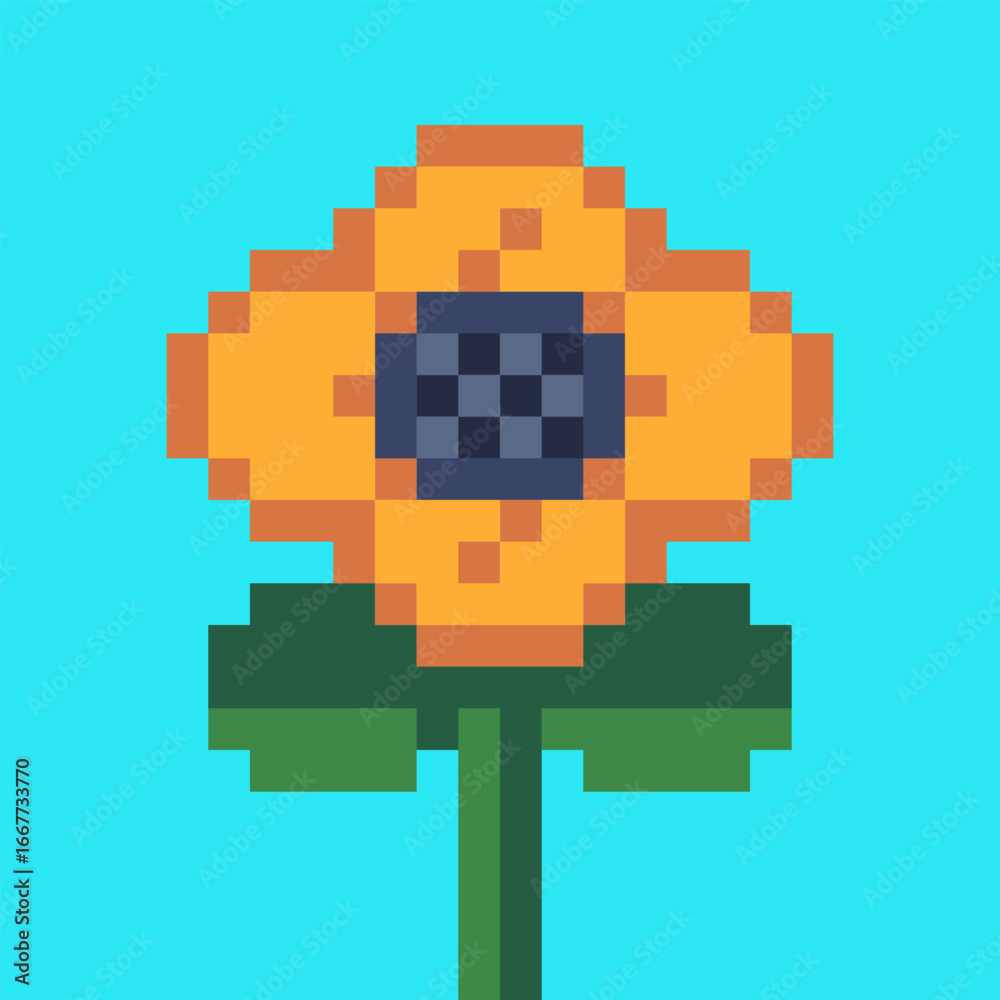 Fototapeta premium Bright pixelated sunflower with yellow petals and dark center on a cyan background. Minimalist and cheerful floral design in retro game style.
