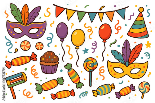 Carnival celebration set with festive items. Vector cartoon collection with masks, candy, balloons, and confetti. Party decorations for Mardi Gras, Purim, or birthday.