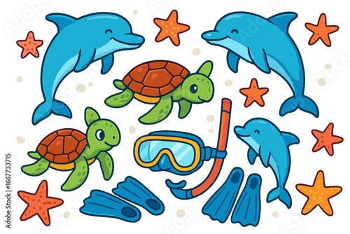 Cute marine life cartoon set with dolphin, turtle, and starfish animals. Summer vacation sea activity. Snorkeling, diving equipment with mask, snorkel, and flippers. Vector pack.