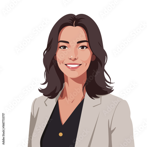 Young businesswoman portrait with black hair smiling in beige blazer and black top vector illustration 