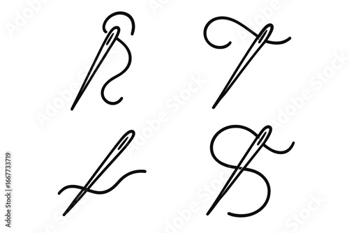 Sewing needle with thread vector line icon set. Minimalist tailor and dressmaker symbol collection. Embroidery, stitching, craft, and haberdashery concepts. DIY hobby graphic.