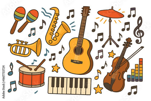 Set of cartoon musical instruments. Vector illustration of guitar, violin, drums, piano, sax. Music education elements, sound icons, doodles, and notes for kids. Hobby concept.