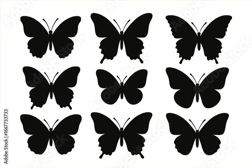Butterfly silhouette icon set. Black insect shapes collection. Vector graphic symbols for nature, beauty, decorative design. Elegant flying butterflies isolated on white background.