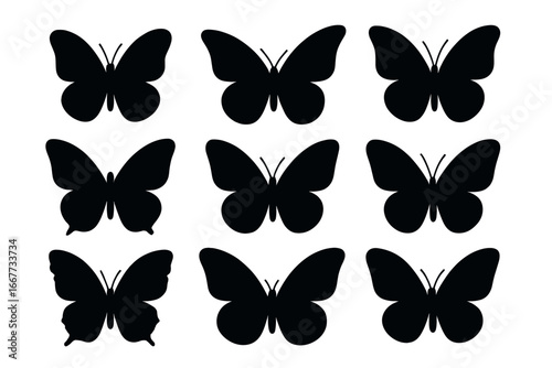 Butterfly silhouette vector icon collection. Set of various black isolated insect shapes for graphic design. Minimalist nature elements for logo, tattoo, or print projects.