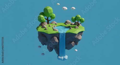 Low poly floating island waterfall landscape background illustration vector graphic design asset render art
